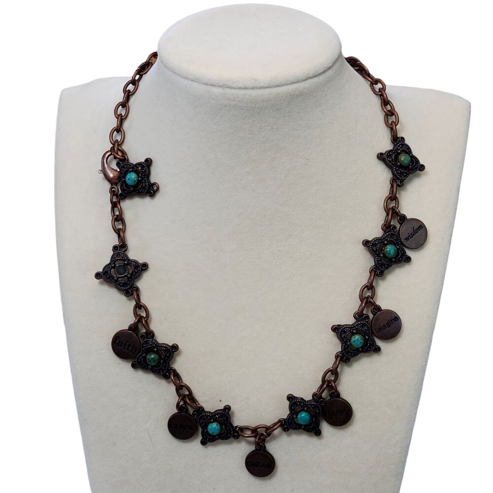 Faux Turquoise Necklace Inspirational Charm Dangle Lobster Closure 15"